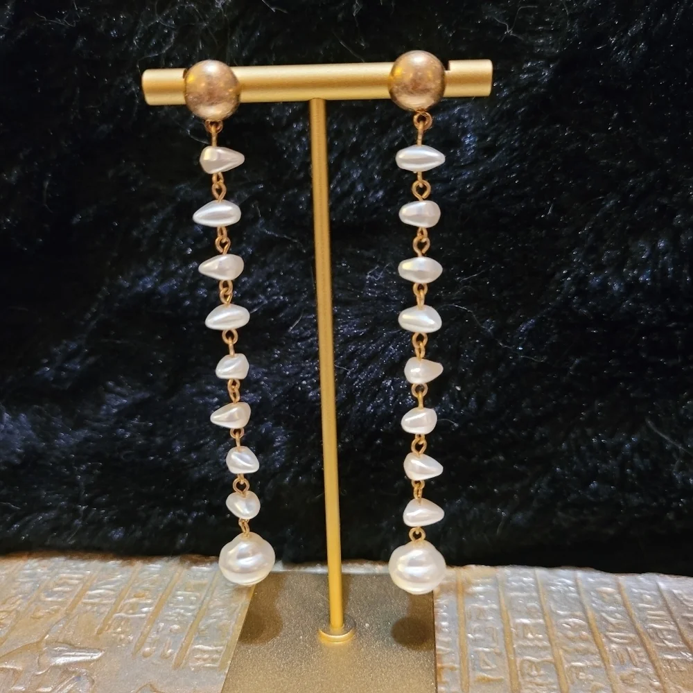NWT Cultured Freshwater Pearl Strand Long Drop Gold Earrings